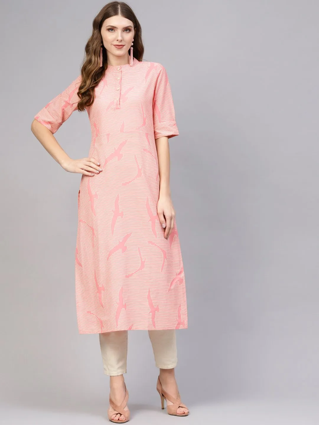 Women Pink & Off-White Striped Cotton Straight Kurta