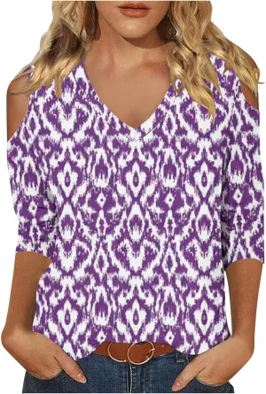 Womens 3/4 Sleeve Cold Shoulder Tops V Neck Vintage Floral Shirts Casual Shirts Dressy Blouse Trendy Tshirts Cute Tees