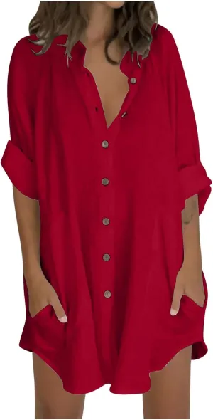 Womens Cotton Linen Button Down Shirts with Pockets 2025 Long Sleeve Loose Fit Oversized Casual Tops Clothes Plus Size