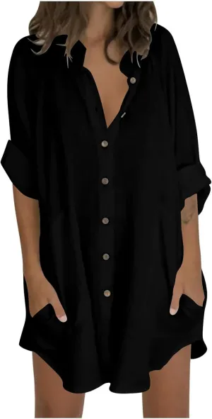Womens Cotton Linen Button Down Shirts with Pockets 2025 Long Sleeve Loose Fit Oversized Casual Tops Clothes Plus Size