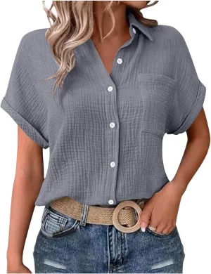 Womens Gauze Shirts Button Down Dress Shirts Casual Short Sleeve Textured Collared Summer Work Blouse Camping Clothes