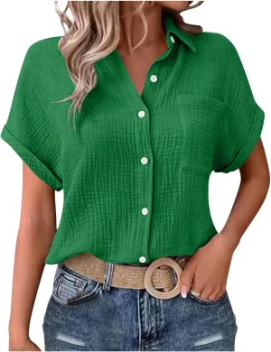 Womens Gauze Shirts Button Down Dress Shirts Casual Short Sleeve Textured Collared Summer Work Blouse Camping Clothes