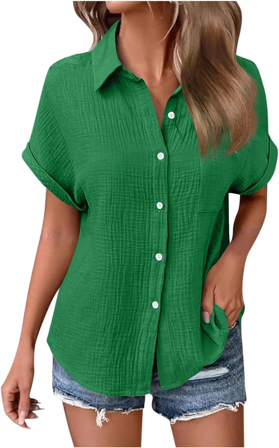 Womens Gauze Shirts Button Down Dress Shirts Casual Short Sleeve Textured Collared Summer Work Blouse Camping Clothes