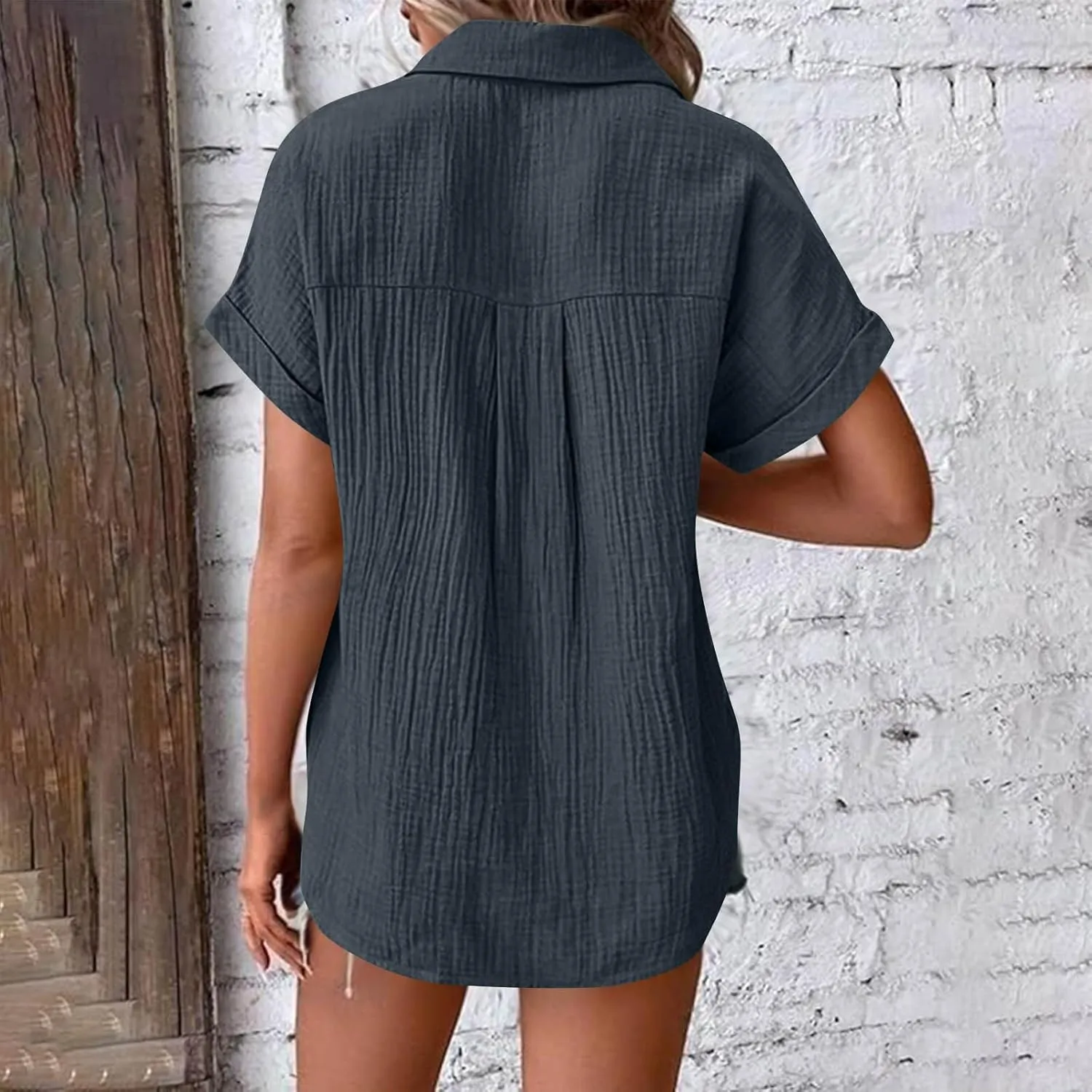 Womens Gauze Shirts Button Down Dress Shirts Casual Short Sleeve Textured Collared Summer Work Blouse Camping Clothes