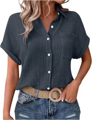 Womens Gauze Shirts Button Down Dress Shirts Casual Short Sleeve Textured Collared Summer Work Blouse Camping Clothes