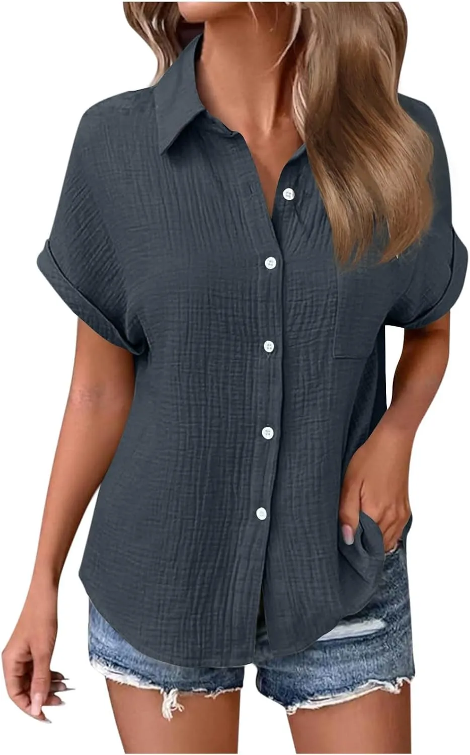 Womens Gauze Shirts Button Down Dress Shirts Casual Short Sleeve Textured Collared Summer Work Blouse Camping Clothes
