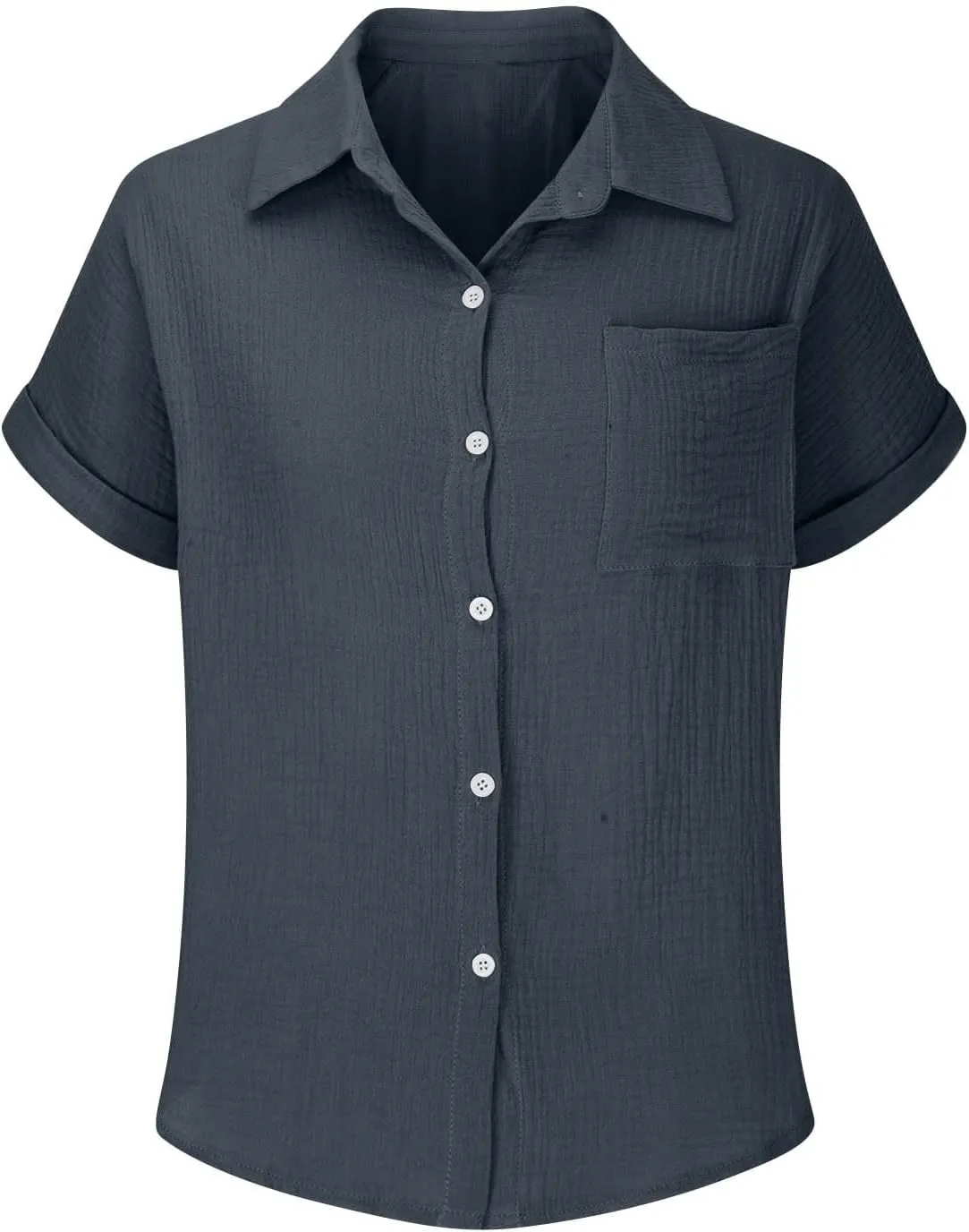 Womens Gauze Shirts Button Down Dress Shirts Casual Short Sleeve Textured Collared Summer Work Blouse Camping Clothes
