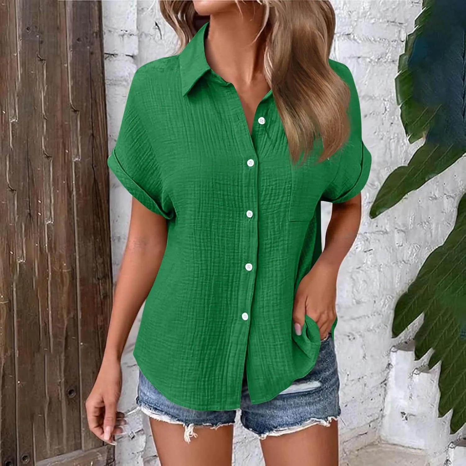Womens Gauze Shirts Button Down Dress Shirts Casual Short Sleeve Textured Collared Summer Work Blouse Camping Clothes