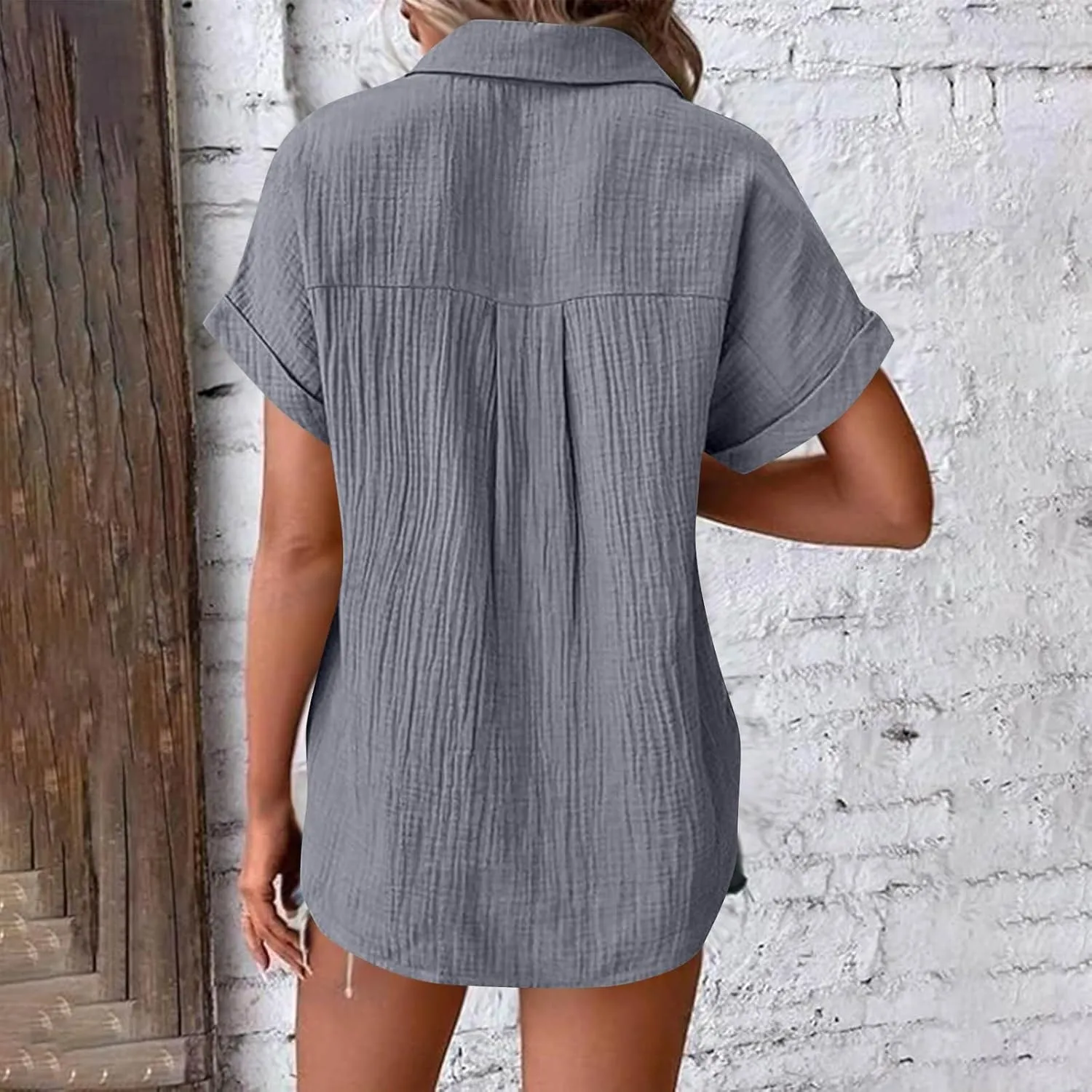 Womens Gauze Shirts Button Down Dress Shirts Casual Short Sleeve Textured Collared Summer Work Blouse Camping Clothes