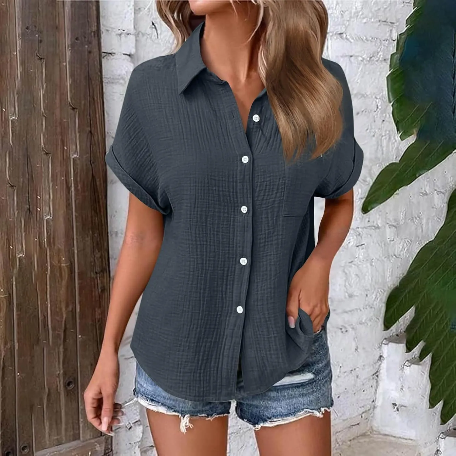 Womens Gauze Shirts Button Down Dress Shirts Casual Short Sleeve Textured Collared Summer Work Blouse Camping Clothes