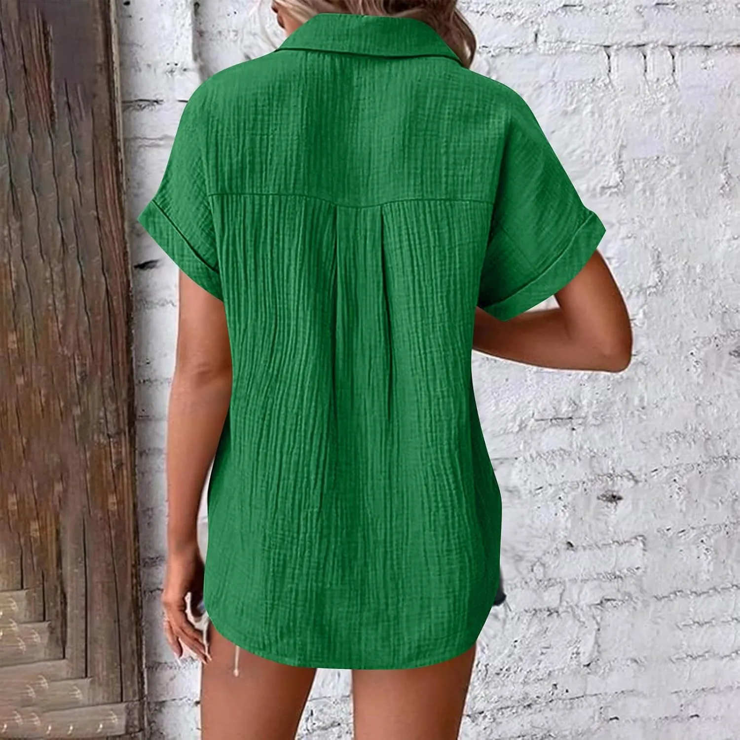 Womens Gauze Shirts Button Down Dress Shirts Casual Short Sleeve Textured Collared Summer Work Blouse Camping Clothes