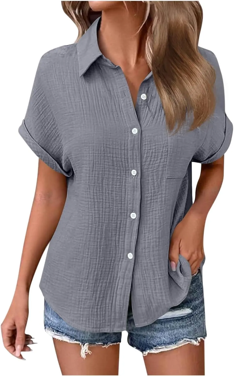 Womens Gauze Shirts Button Down Dress Shirts Casual Short Sleeve Textured Collared Summer Work Blouse Camping Clothes