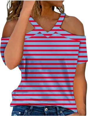 Womens Halter V Neck Cold Shoulder Tops Stripe Shirts Cut Out Shoulder Casual Gradient Tshirts Polka Dot Heart Tees