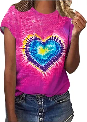 Women's Juniors Heart Tie Dye Short Sleeve T Shirt Plus Size Summer Tops Casual Loose Rainbow Tees Hip Hop Shirts