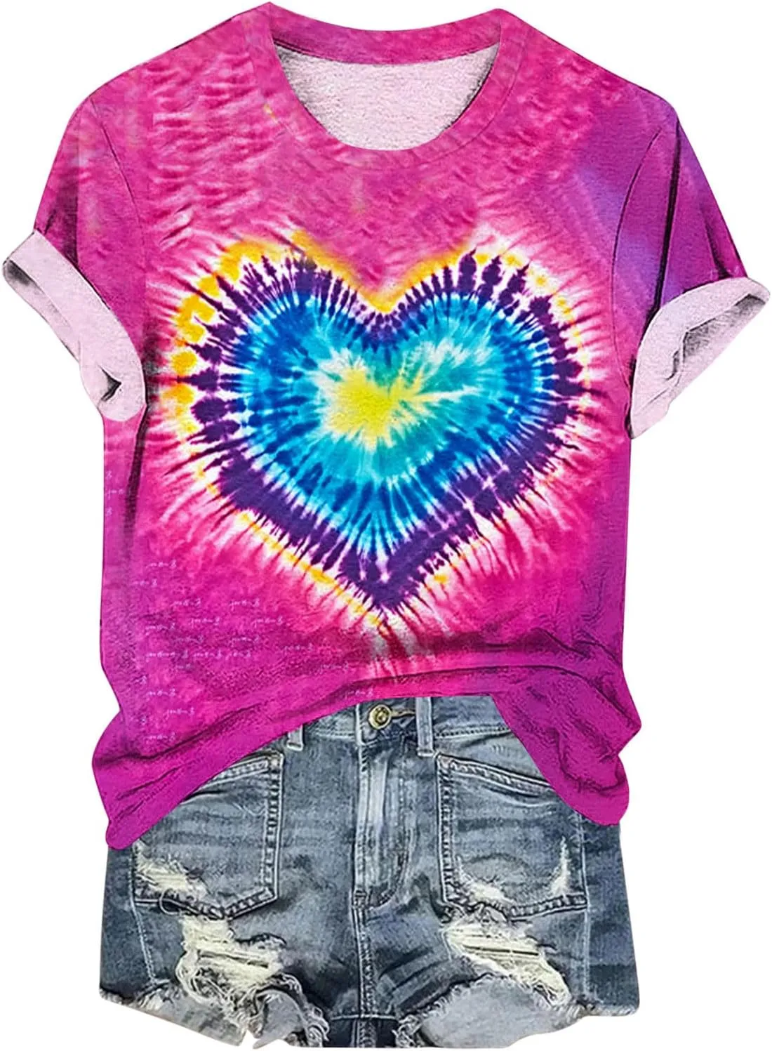 Women's Juniors Heart Tie Dye Short Sleeve T Shirt Plus Size Summer Tops Casual Loose Rainbow Tees Hip Hop Shirts