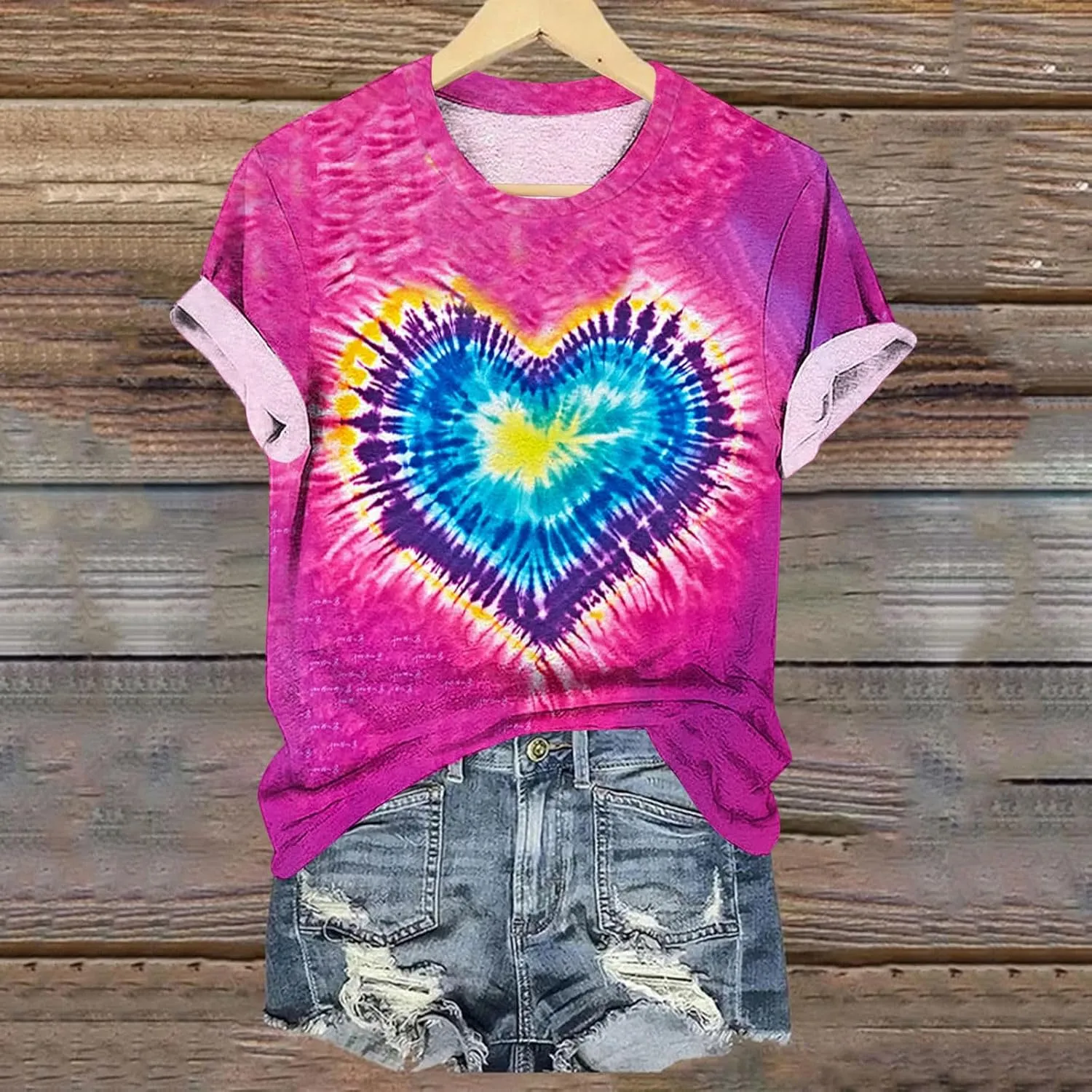 Women's Juniors Heart Tie Dye Short Sleeve T Shirt Plus Size Summer Tops Casual Loose Rainbow Tees Hip Hop Shirts