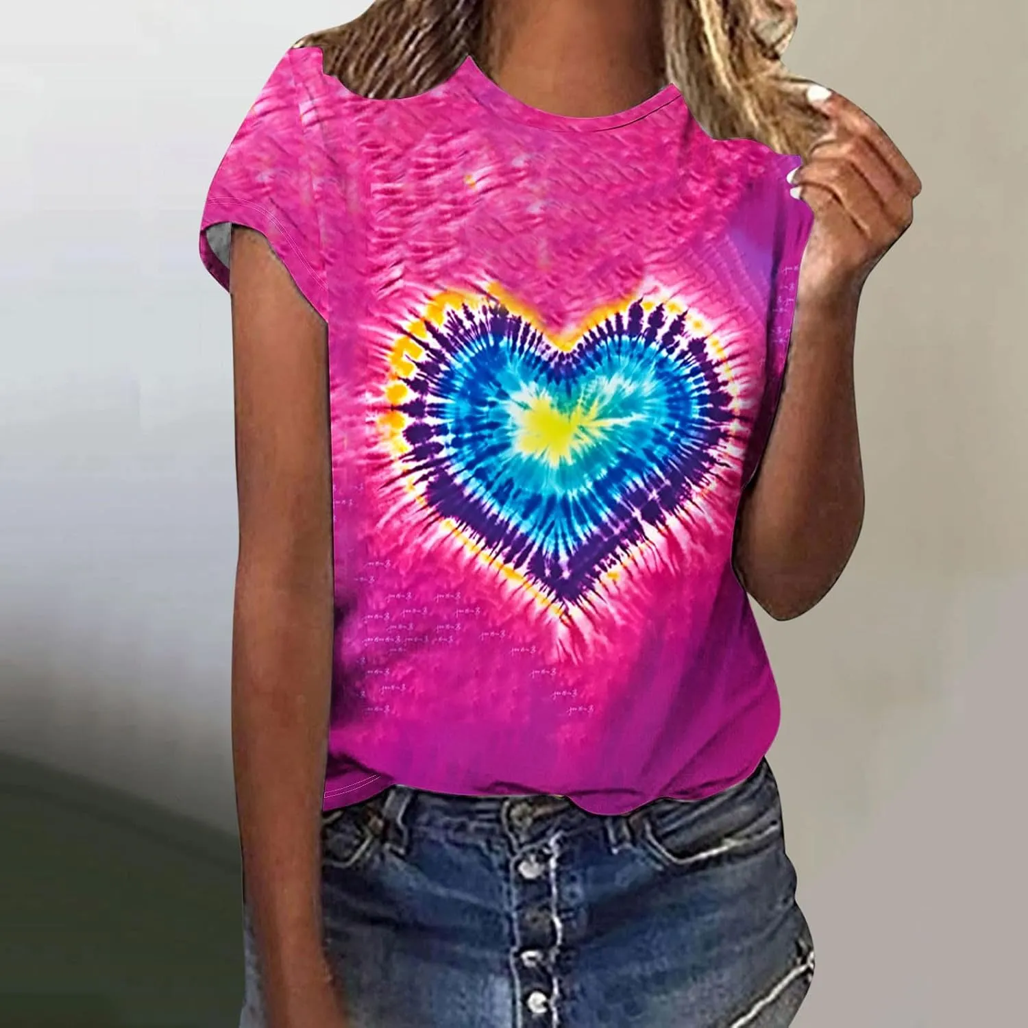 Women's Juniors Heart Tie Dye Short Sleeve T Shirt Plus Size Summer Tops Casual Loose Rainbow Tees Hip Hop Shirts