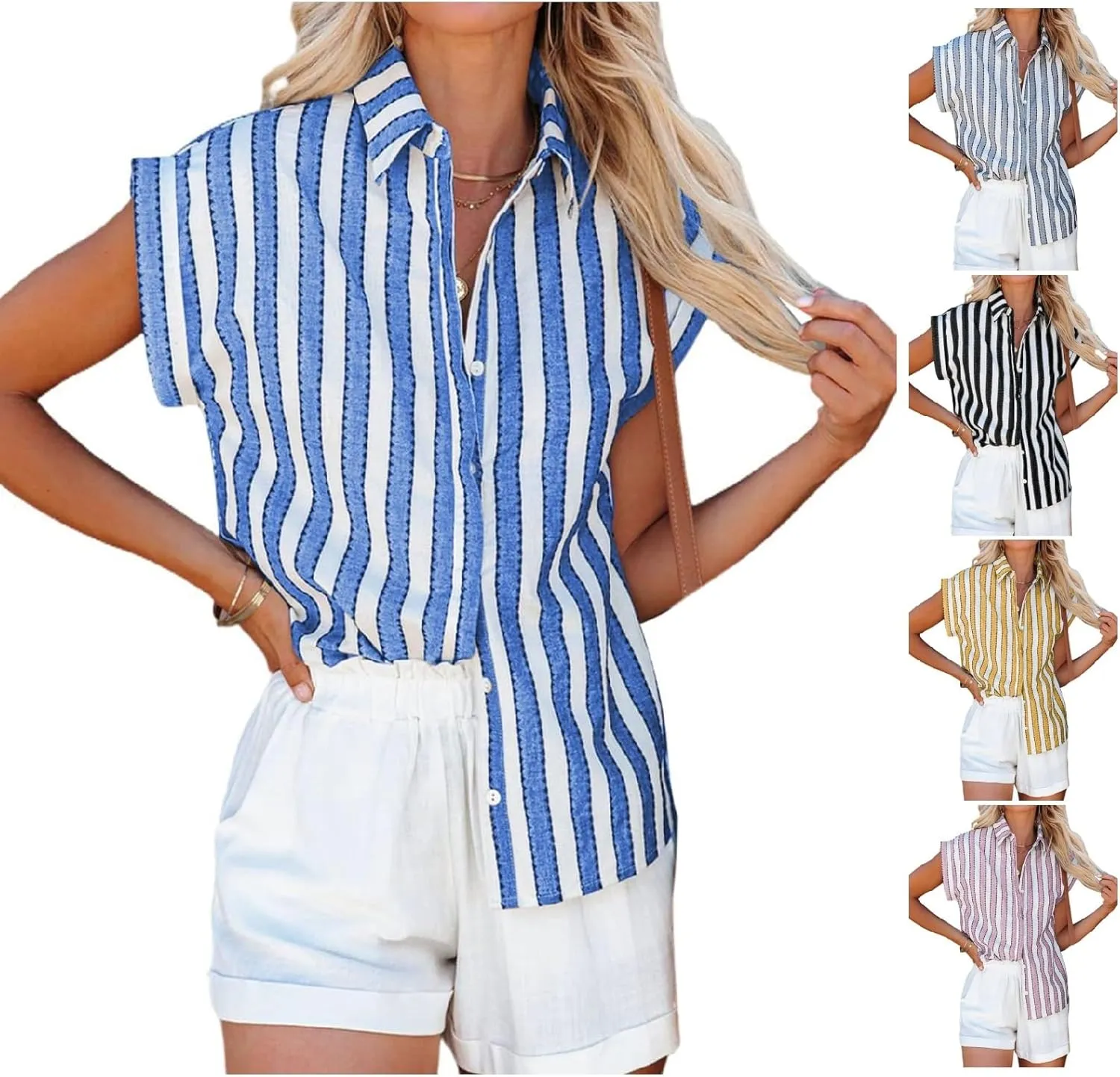 Womens Short Sleeve Striped Shirts Casual Button Down V Neck Lapel Work Blouses Summer Stylish Tops Beach Cover Ups
