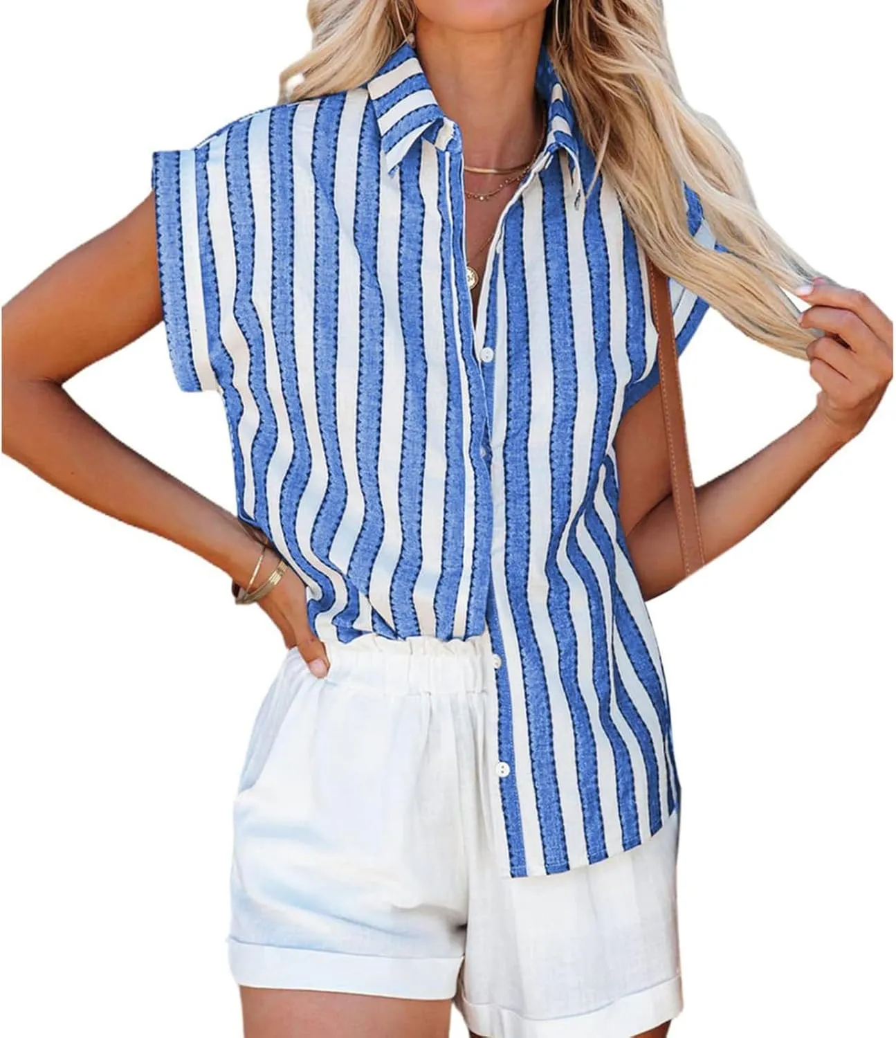 Womens Short Sleeve Striped Shirts Casual Button Down V Neck Lapel Work Blouses Summer Stylish Tops Beach Cover Ups