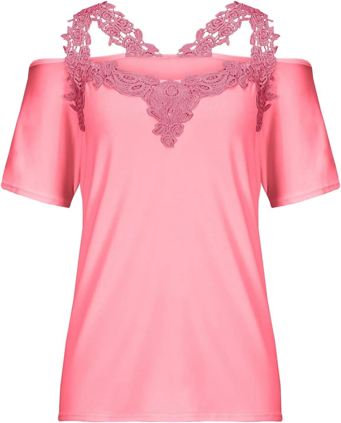 Womens Summer Cold Shoulder Tops Short Sleeve Lace Strappy Shirts Sexy V Neck Off Shoulder Blouse Concert Outfits