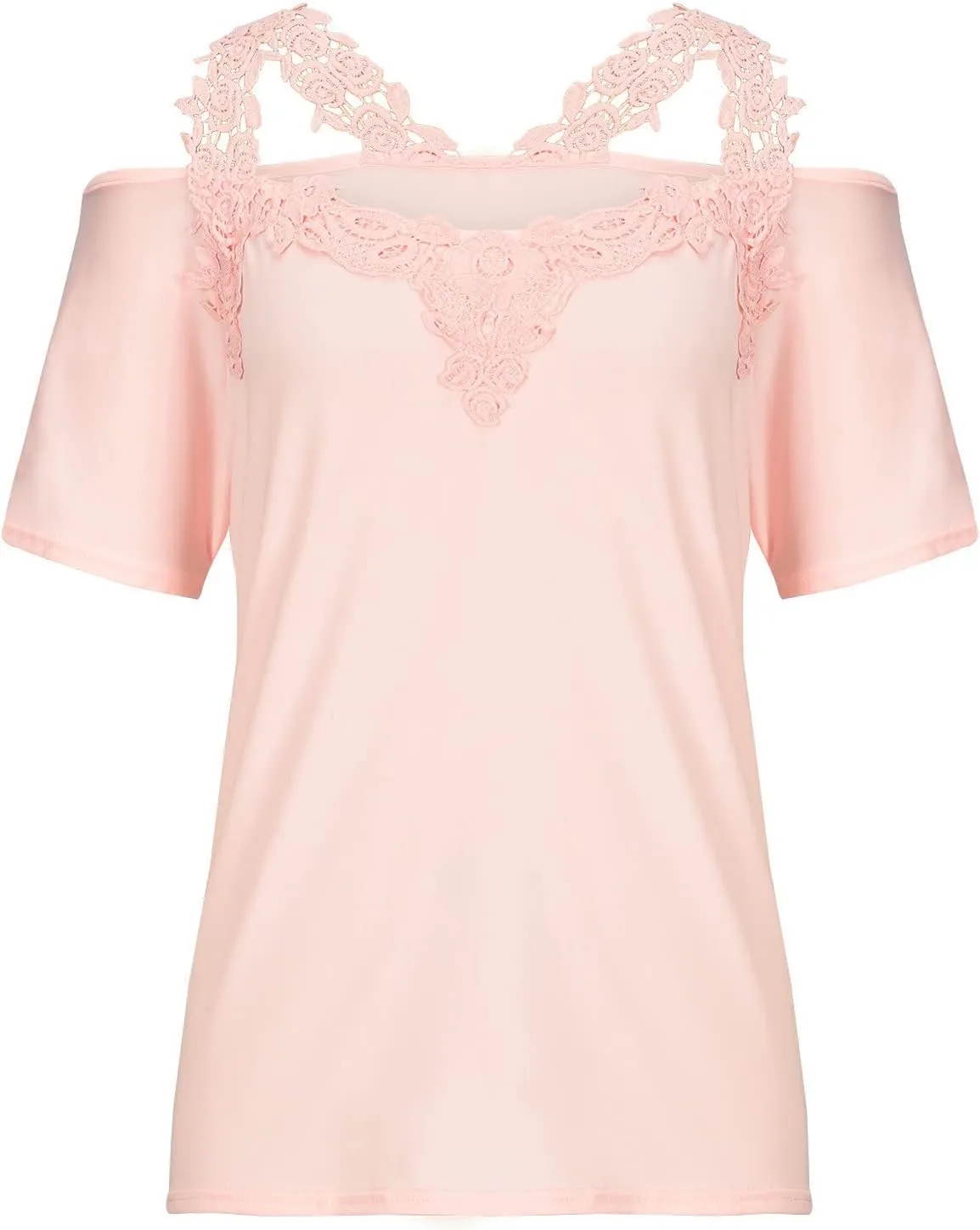 Womens Summer Cold Shoulder Tops Short Sleeve Lace Strappy Shirts Sexy V Neck Off Shoulder Blouse Concert Outfits