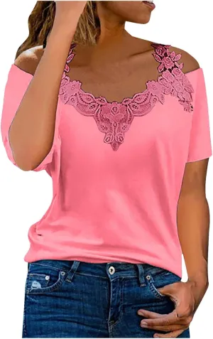 Womens Summer Cold Shoulder Tops Short Sleeve Lace Strappy Shirts Sexy V Neck Off Shoulder Blouse Concert Outfits