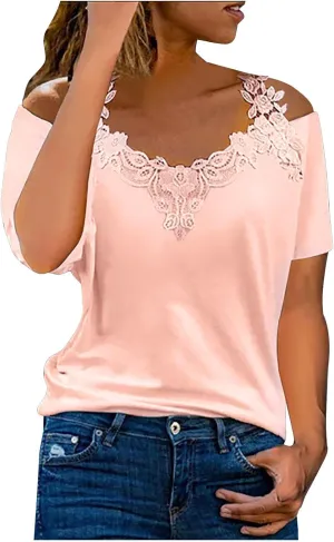 Womens Summer Cold Shoulder Tops Short Sleeve Lace Strappy Shirts Sexy V Neck Off Shoulder Blouse Concert Outfits