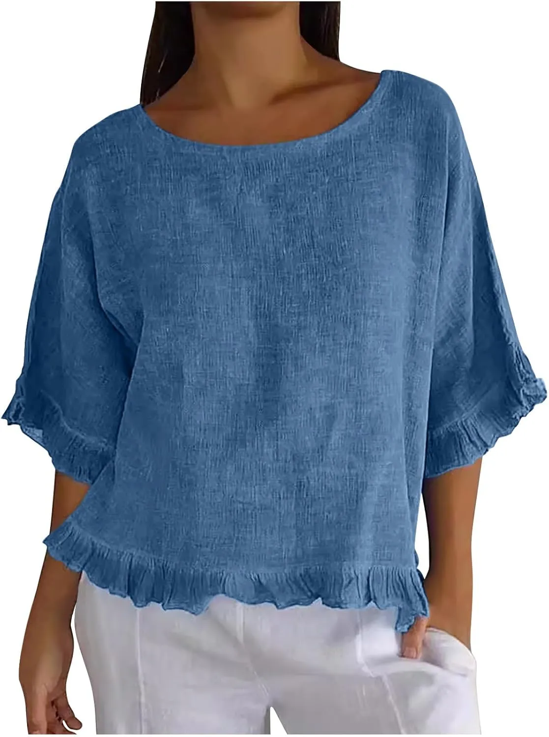 Womens Summer Linen Shirts Cute Ruffle Elbow Sleeve Cotton Tops Casual Crew Neck Plain Tshirt Loose Peasant Blouses