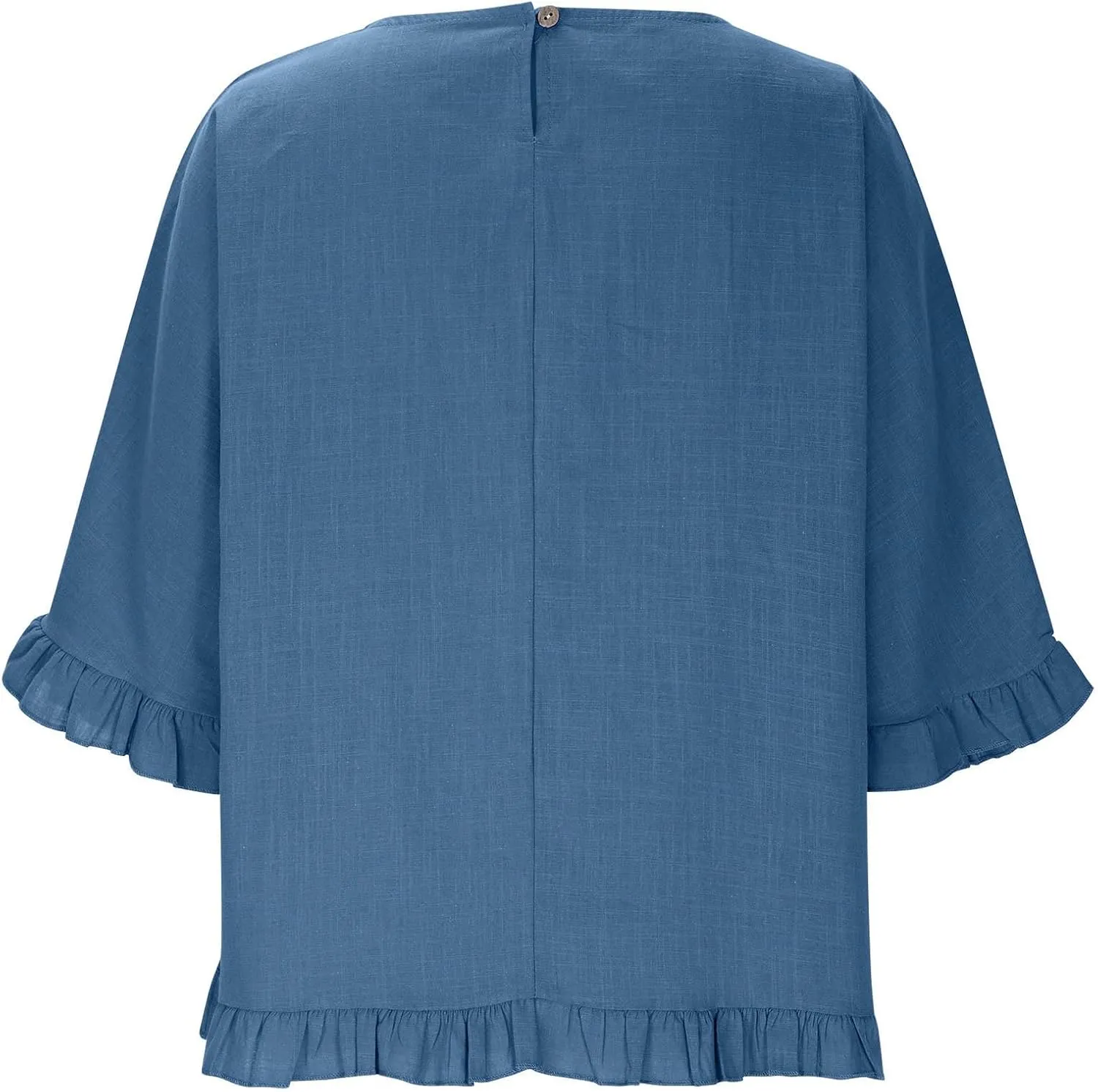 Womens Summer Linen Shirts Cute Ruffle Elbow Sleeve Cotton Tops Casual Crew Neck Plain Tshirt Loose Peasant Blouses