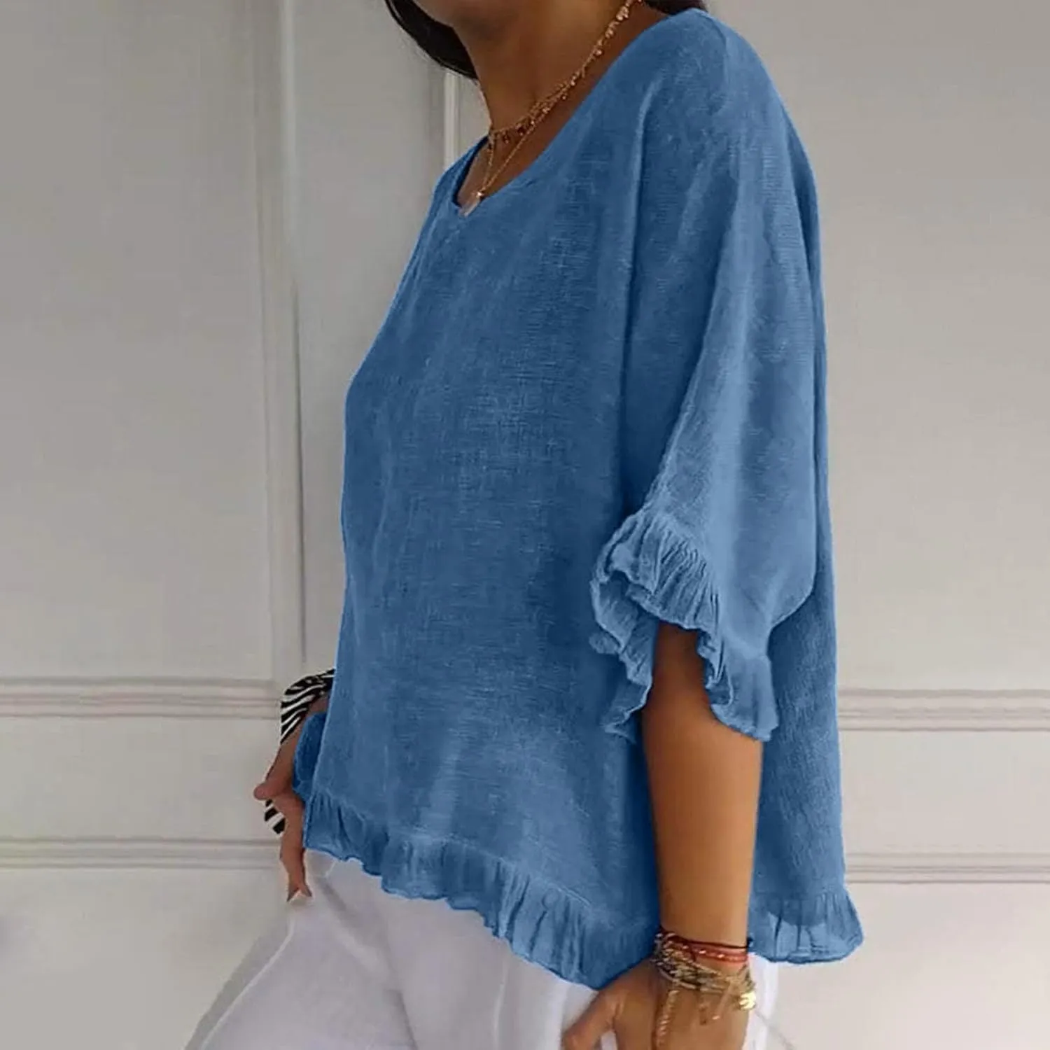 Womens Summer Linen Shirts Cute Ruffle Elbow Sleeve Cotton Tops Casual Crew Neck Plain Tshirt Loose Peasant Blouses