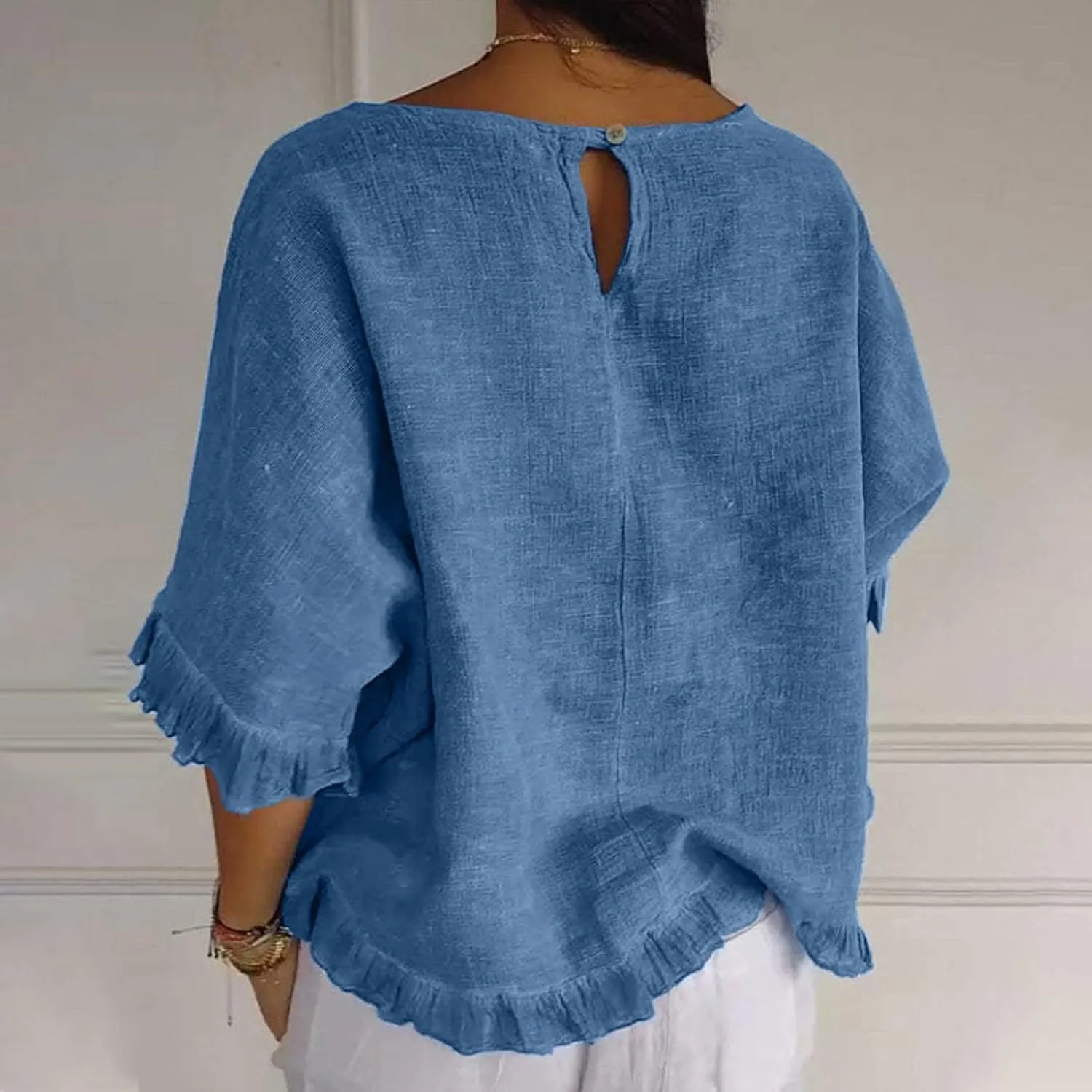 Womens Summer Linen Shirts Cute Ruffle Elbow Sleeve Cotton Tops Casual Crew Neck Plain Tshirt Loose Peasant Blouses