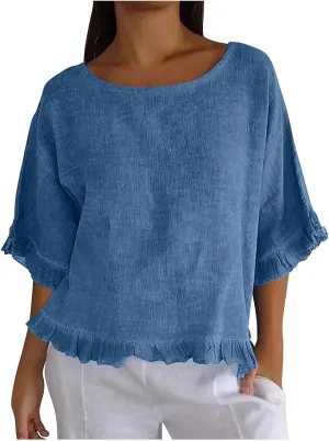 Womens Summer Linen Shirts Cute Ruffle Elbow Sleeve Cotton Tops Casual Crew Neck Plain Tshirt Loose Peasant Blouses