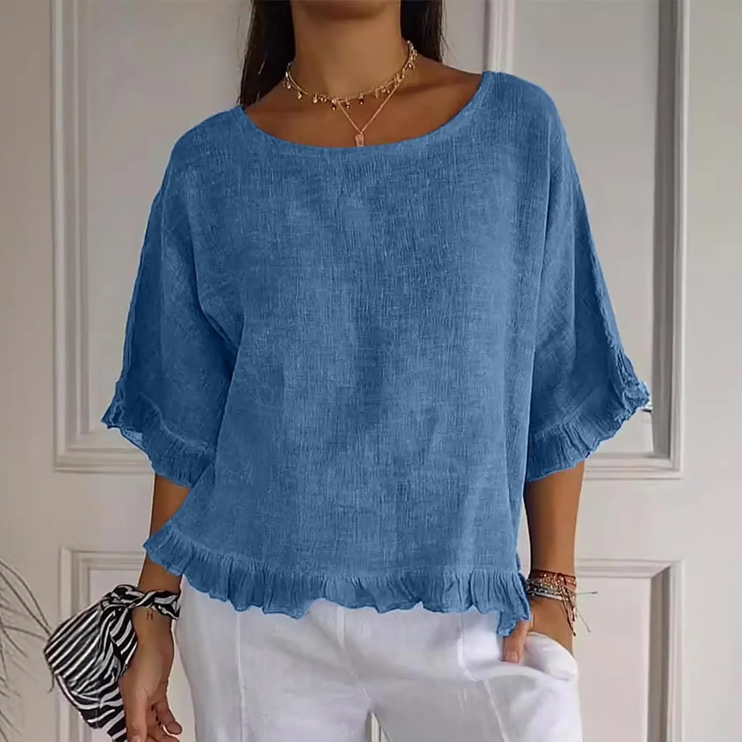 Womens Summer Linen Shirts Cute Ruffle Elbow Sleeve Cotton Tops Casual Crew Neck Plain Tshirt Loose Peasant Blouses