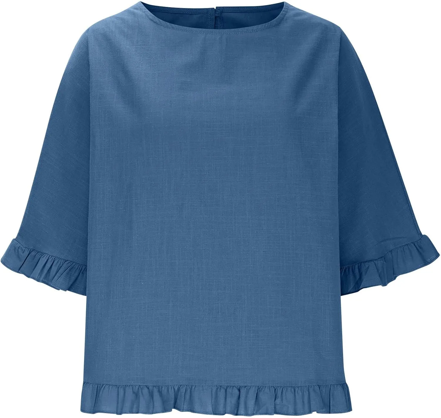 Womens Summer Linen Shirts Cute Ruffle Elbow Sleeve Cotton Tops Casual Crew Neck Plain Tshirt Loose Peasant Blouses