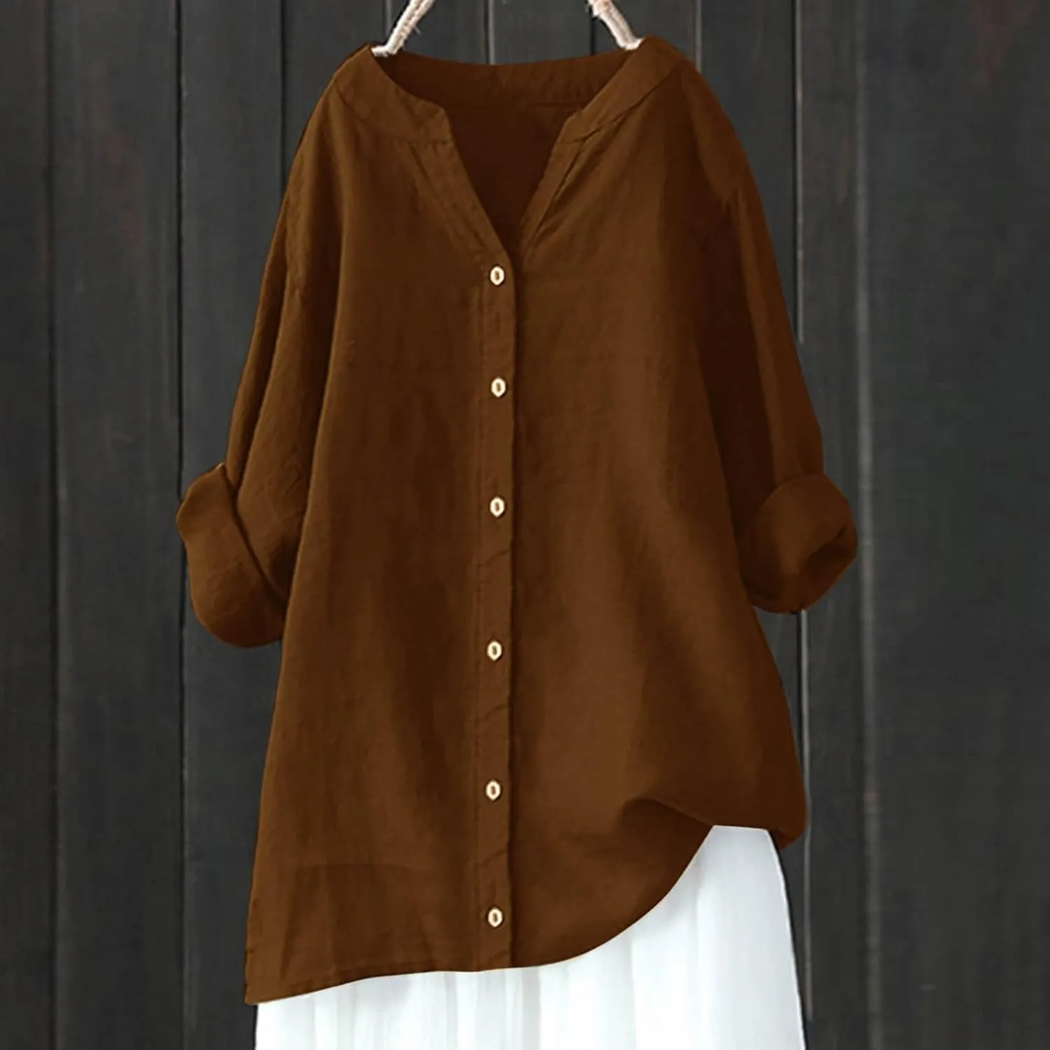 Womens Tops 2025 Long Sleeve Oversized Button Down Blouse Tops Cotton Linen Tunic Tees Airplane Travel Outfits
