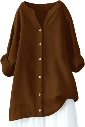 Womens Tops 2025 Long Sleeve Oversized Button Down Blouse Tops Cotton Linen Tunic Tees Airplane Travel Outfits