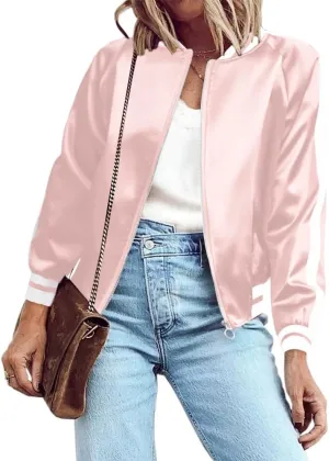Zeagoo Womens Jackets Satin Bomber Jacket Casual Short Biker Jacket Classic Quilted Coat Outerwear Pink Small
